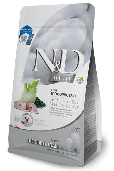 N&D Spirulina Dog White Puppy Medium & Maxi с лаврак и фенел, 2 кг