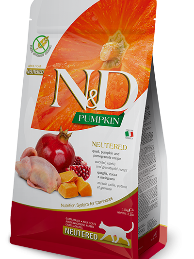 N&D Cat Neutered Pumpkin с пъдпъдък, тиква и нар, 5 кг