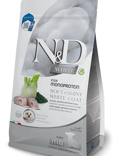 N&D Spirulina Dog White Puppy Mini с лаврак и фенел, 1,5 кг