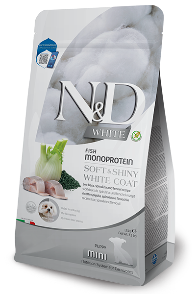 N&D Spirulina Dog White Puppy Mini с лаврак и фенел, 1,5 кг